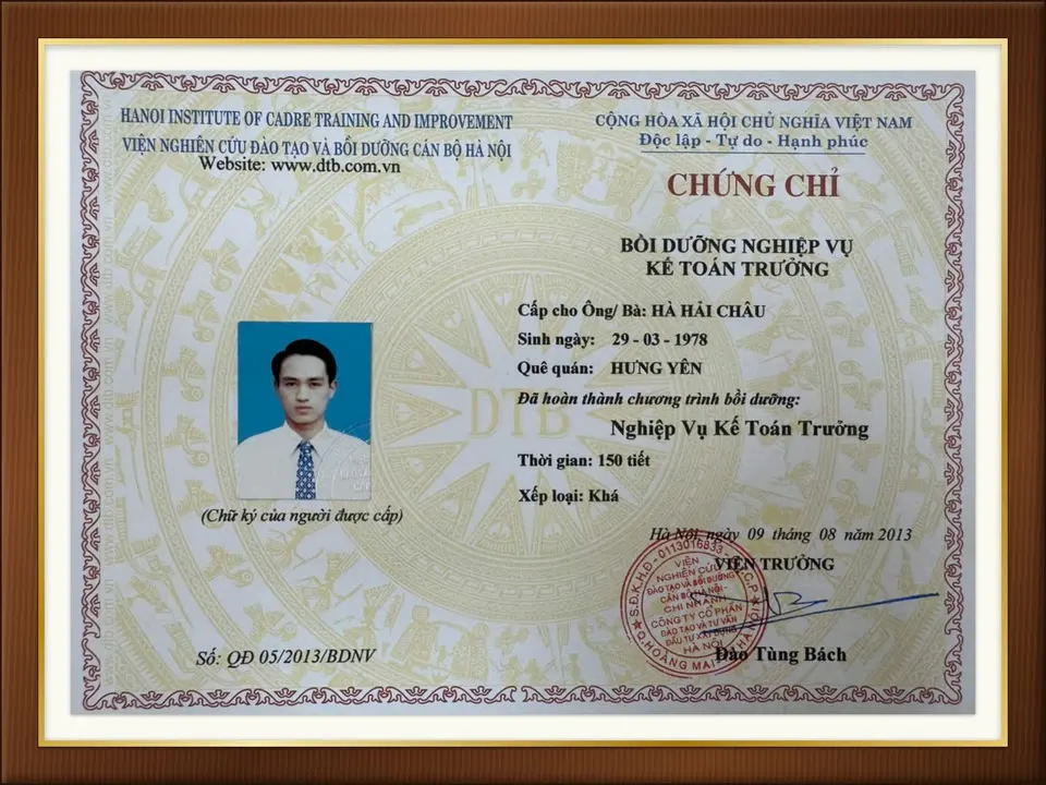 Chứng chỉ ông Hà Hải Châu